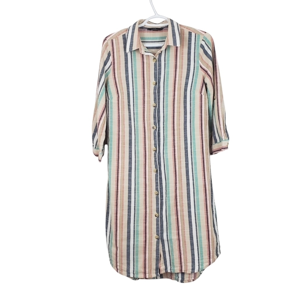 Mlle Gabrielle Button Up Shirt Dress Vertical Stripes